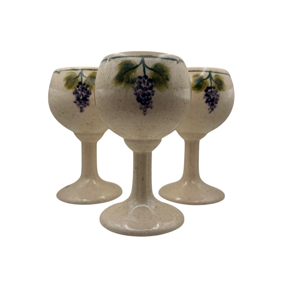 Vintage Ceramic Grape Wine Goblets Set of 3 Hand Painted Speckled Stoneware Cups - Picture 4 of 4